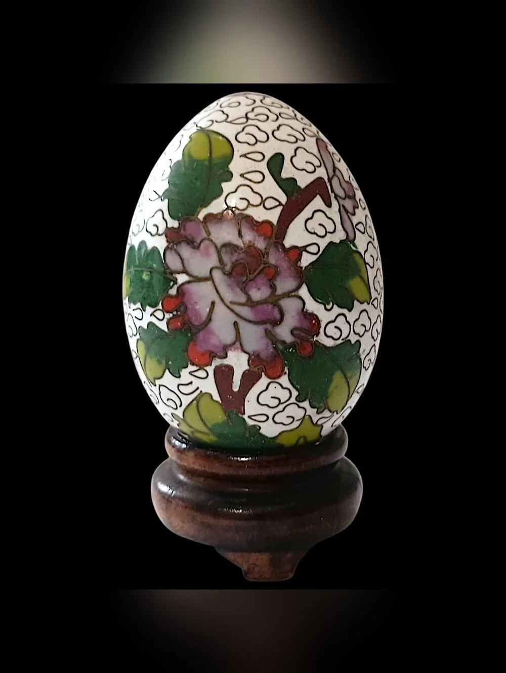 Vintage Chinese Cloisonne Enamel Over Brass Egg‎ Floral Trinket Decor Wood Stand